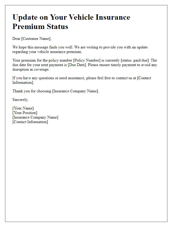 Letter template of update on vehicle insurance premium status