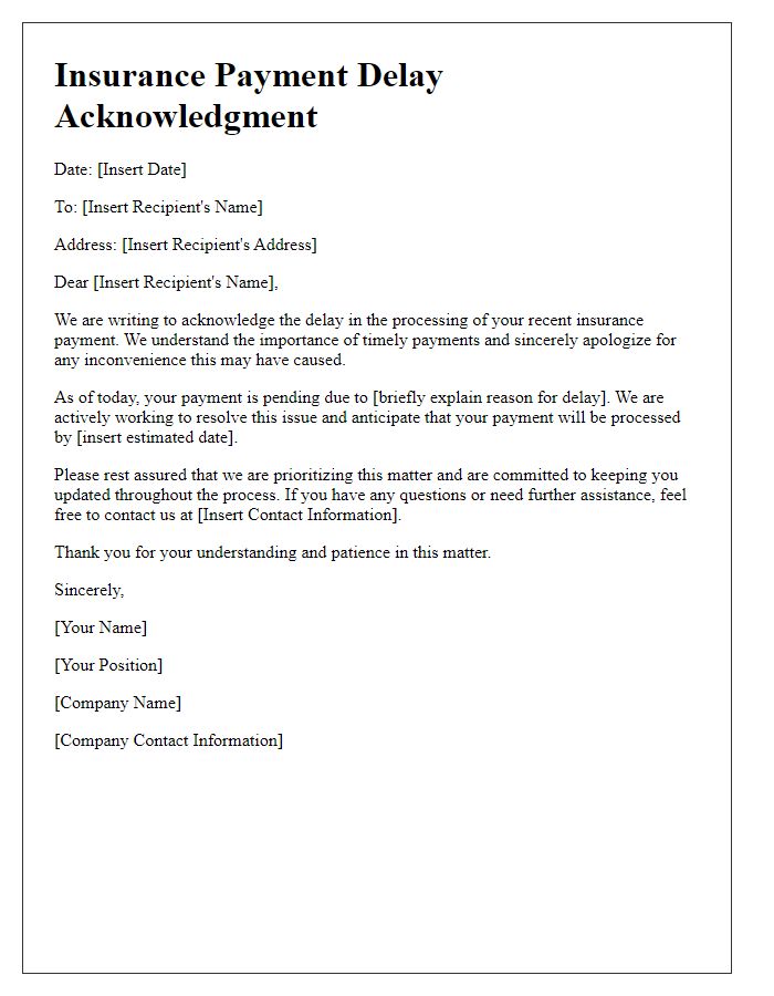 Letter template of Insurance Payment Delay Acknowledgment