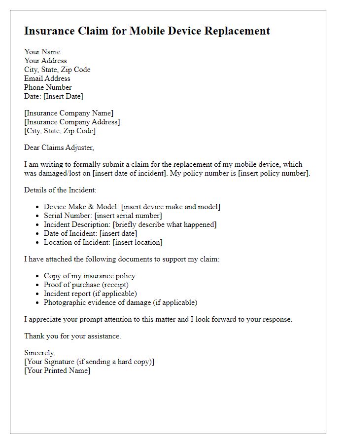 Letter template of insurance claim for mobile device replacement