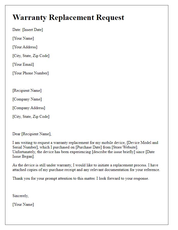 Letter template of mobile device warranty replacement request