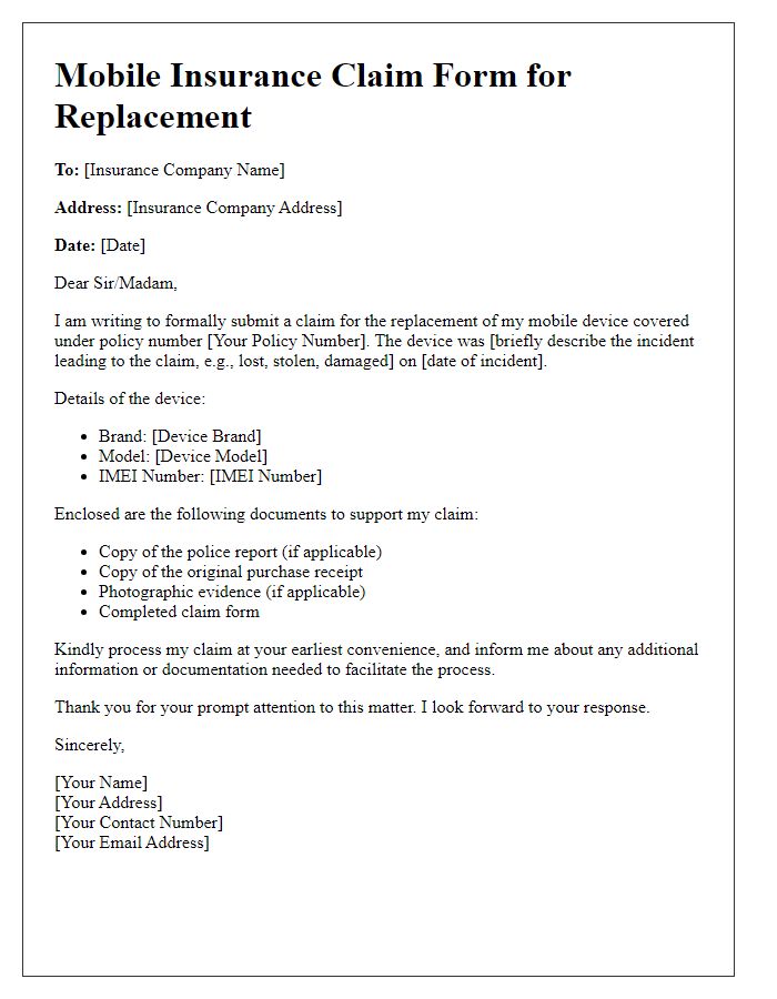 Letter template of mobile insurance claim form for replacement