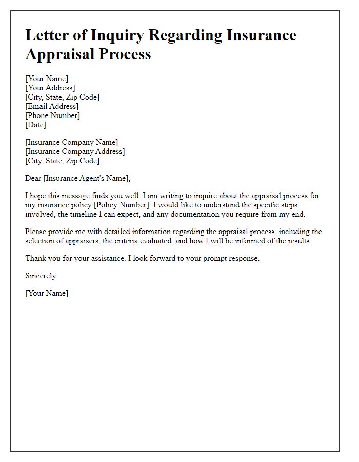 Letter template of inquiry regarding insurance appraisal process