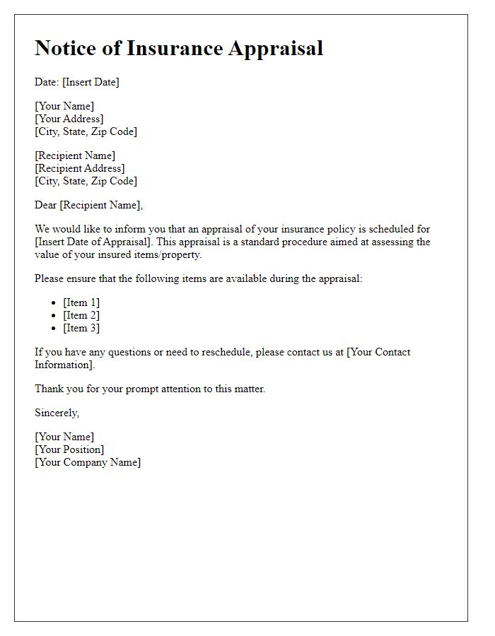 Letter template of notice for insurance appraisal details