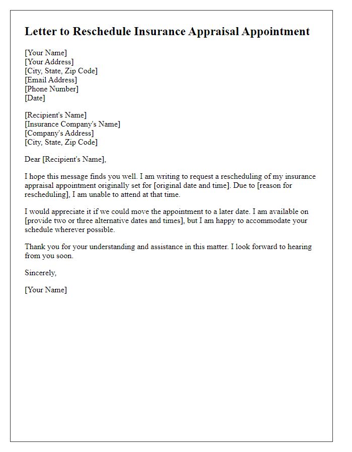 Letter template of rescheduling insurance appraisal appointment