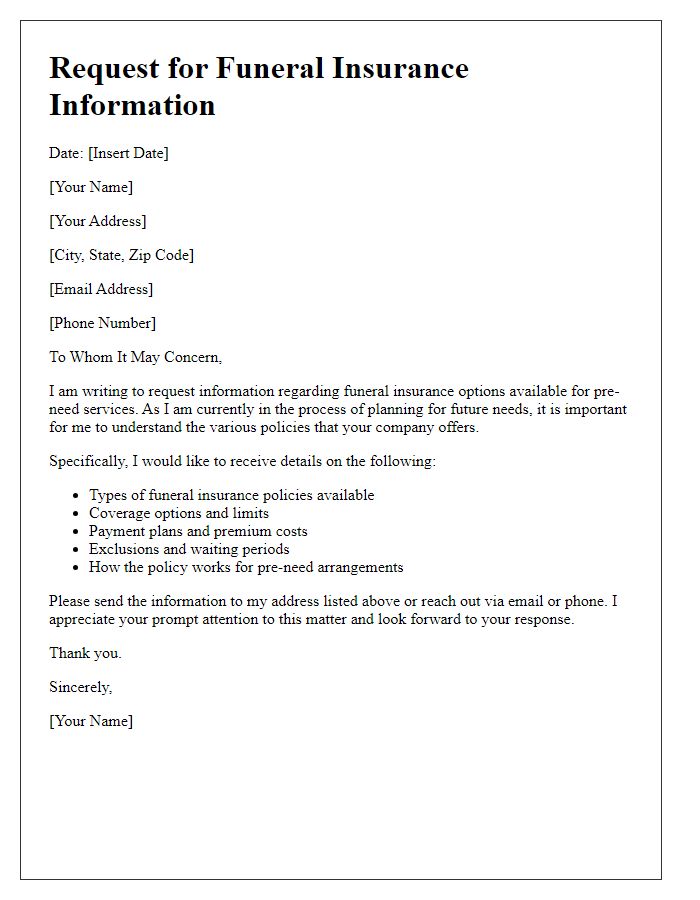 Letter template of funeral insurance information request for pre-need services.