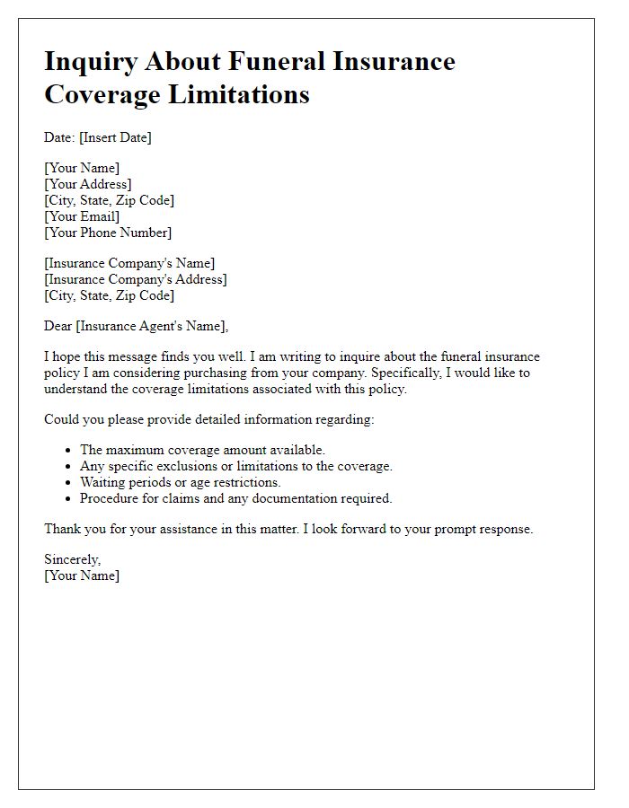 Letter template of funeral insurance inquiry for coverage limitations.