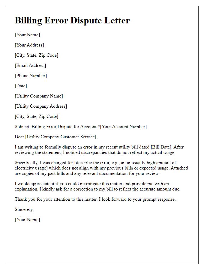 Letter template of billing error dispute for utility services.