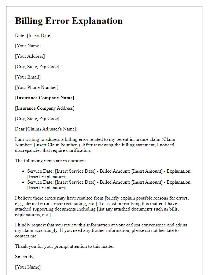 Letter template of billing error explanation for insurance claims.