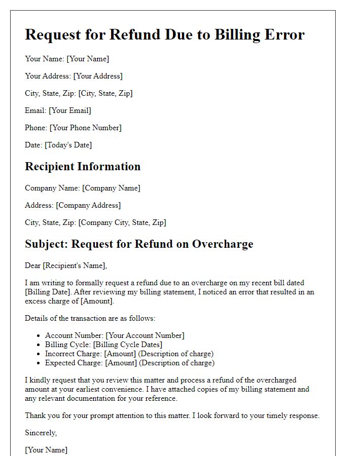 Letter template of billing error request for refund on overcharge.