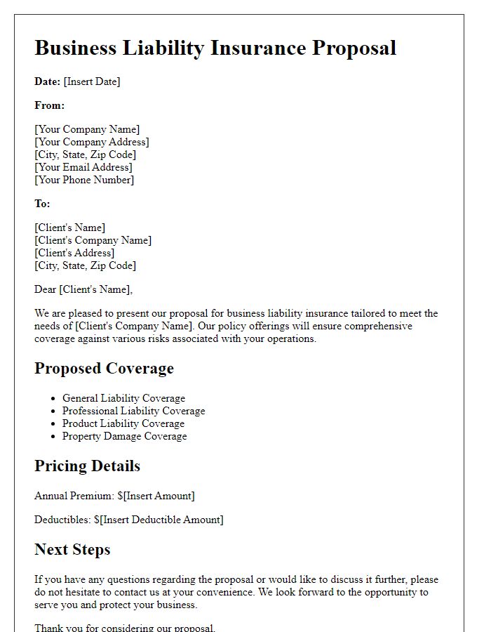 Letter template of business liability insurance proposal