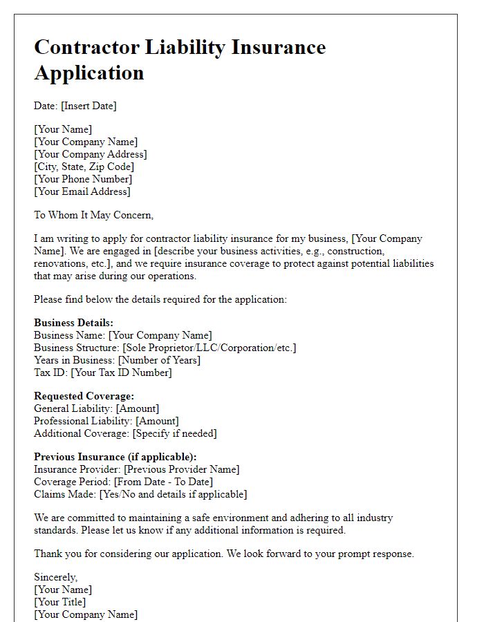 Letter template of contractor liability insurance application