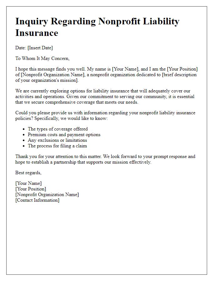 Letter template of nonprofit liability insurance inquiry