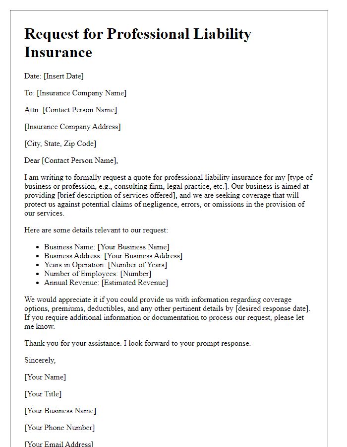 Letter template of professional liability insurance request