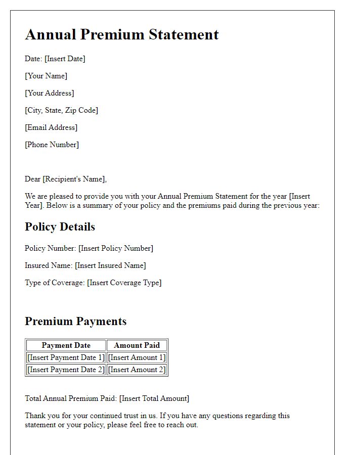 Letter template of Annual Premium Statement