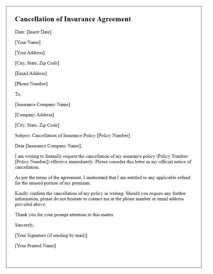 Letter template of cancellation of insurance agreement