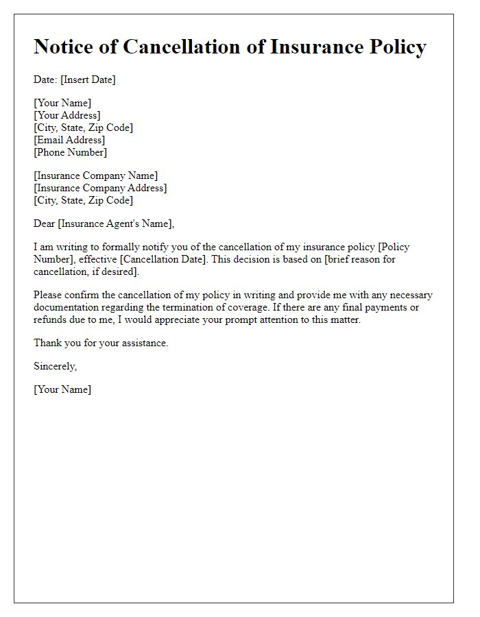 Letter template of formal notice of insurance cancellation