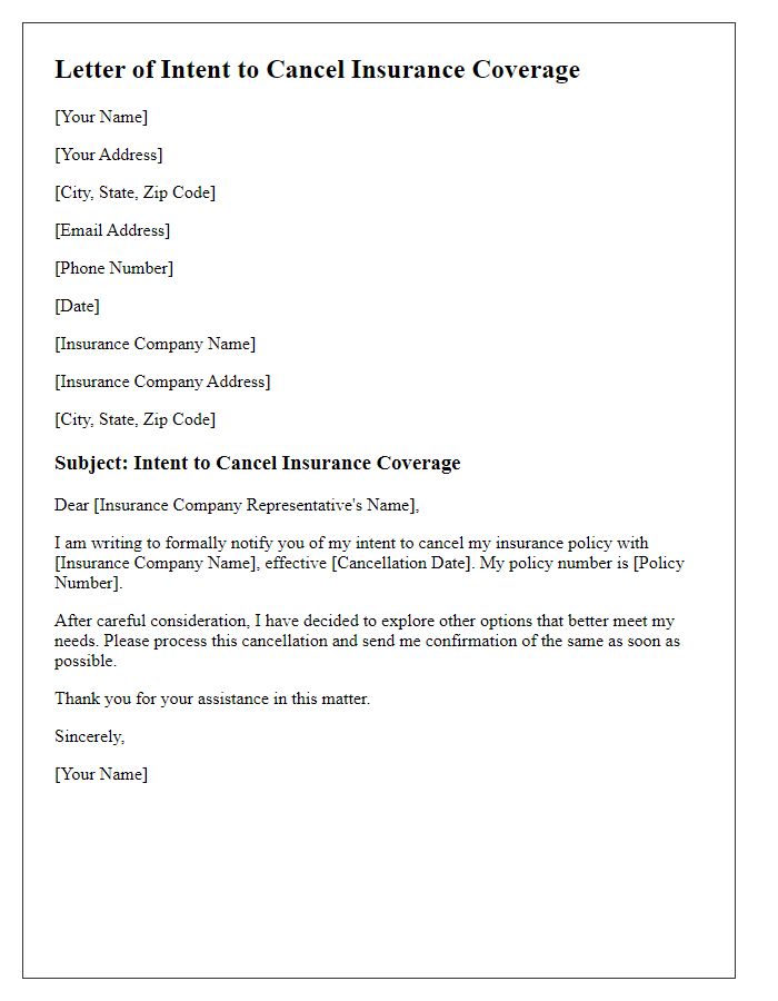 Letter template of intent to cancel insurance coverage