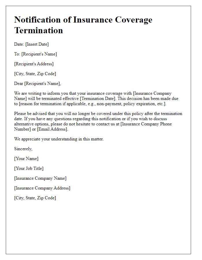 Letter template of notification for insurance coverage termination