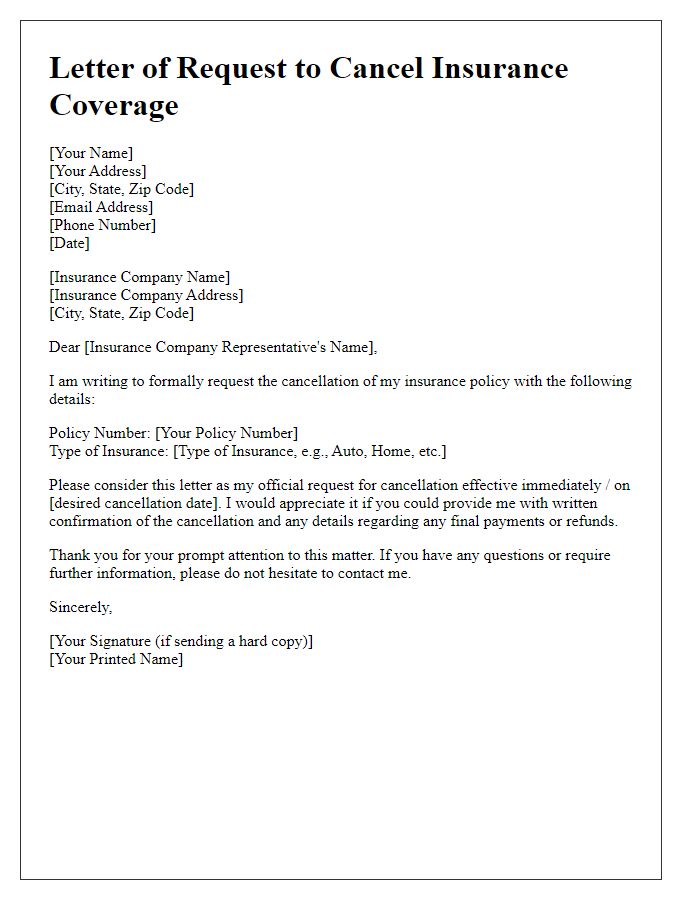 Letter template of request to cancel insurance coverage