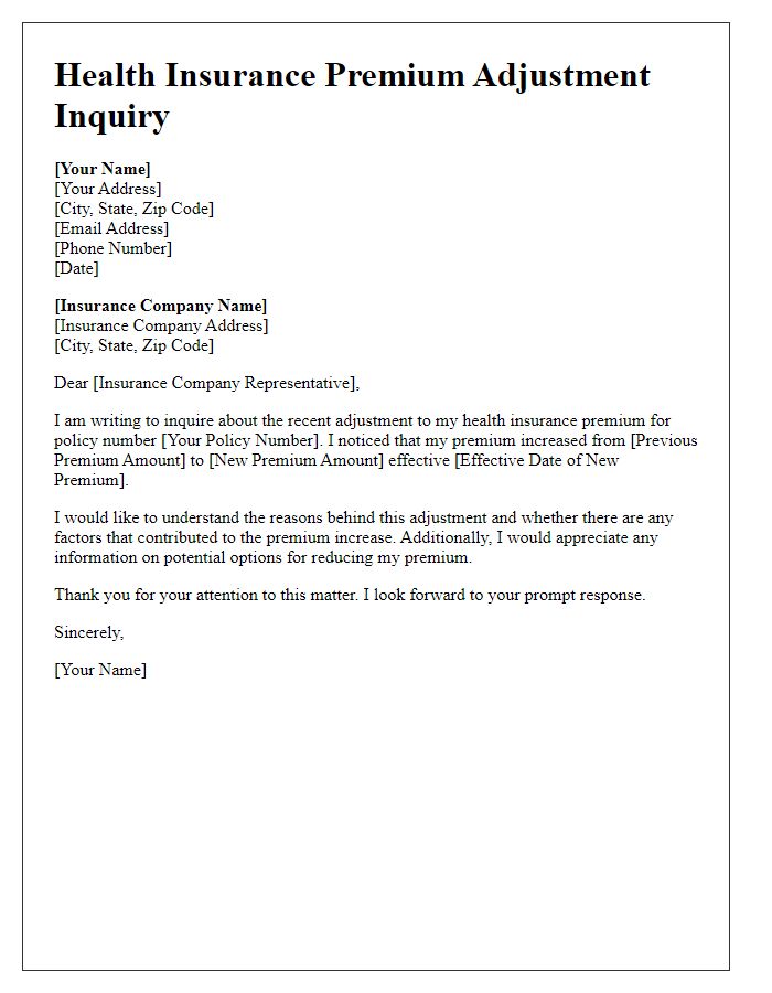 Letter template of health insurance premium adjustment inquiry