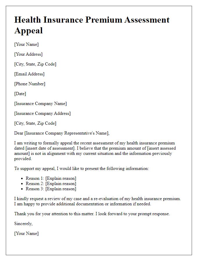 Letter template of health insurance premium assessment appeal