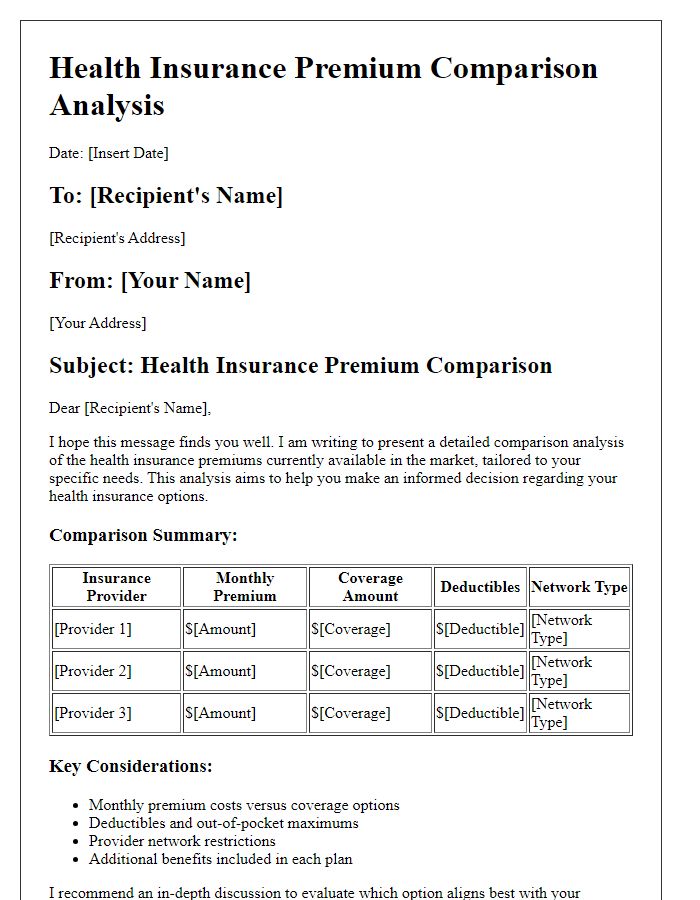 Letter template of health insurance premium comparison analysis