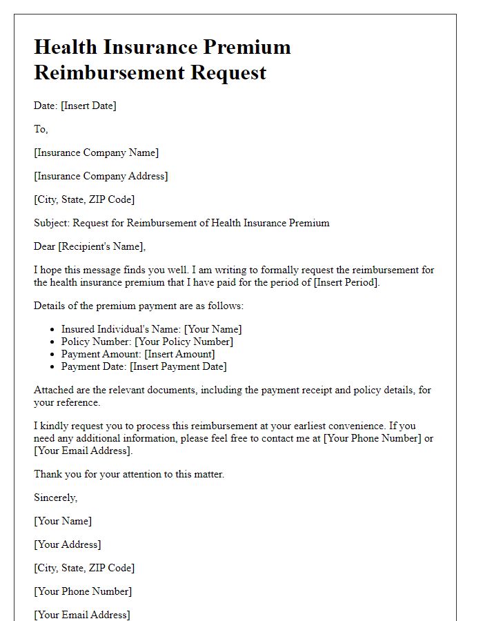 Letter template of health insurance premium reimbursement request