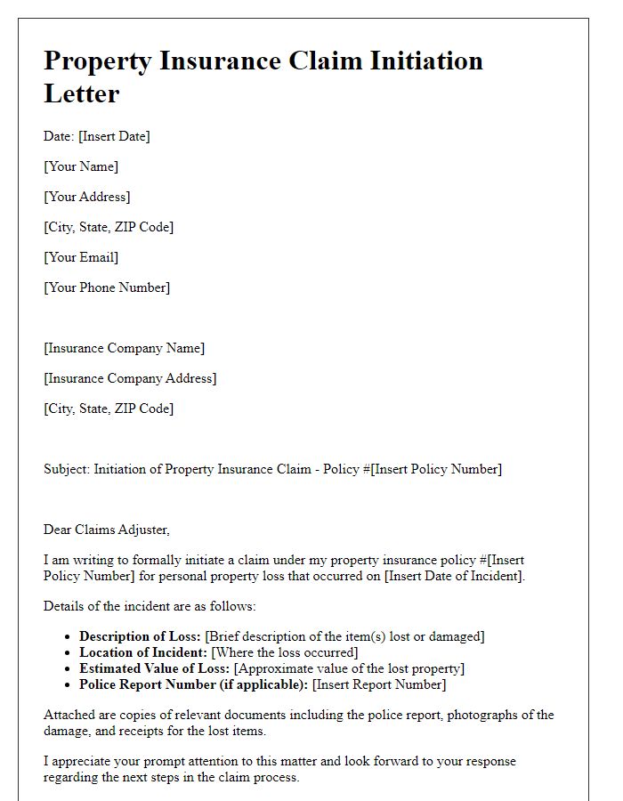 Letter template of property insurance claim initiation for personal property loss