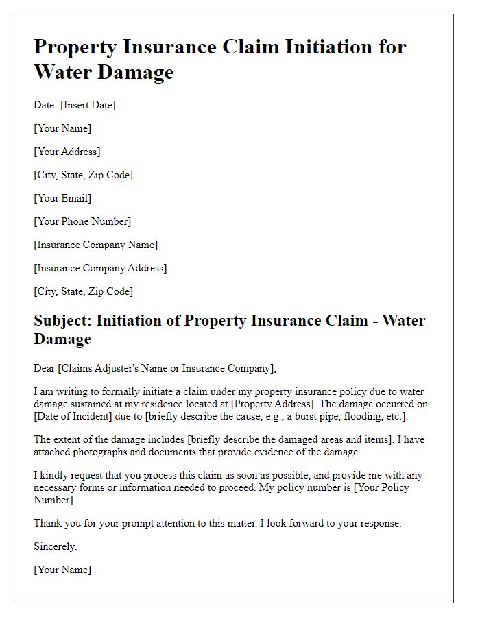 Letter template of property insurance claim initiation for water damage