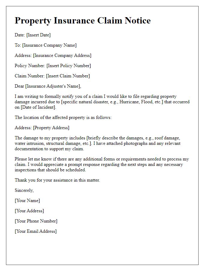 Letter template of property insurance claim notice for natural disaster