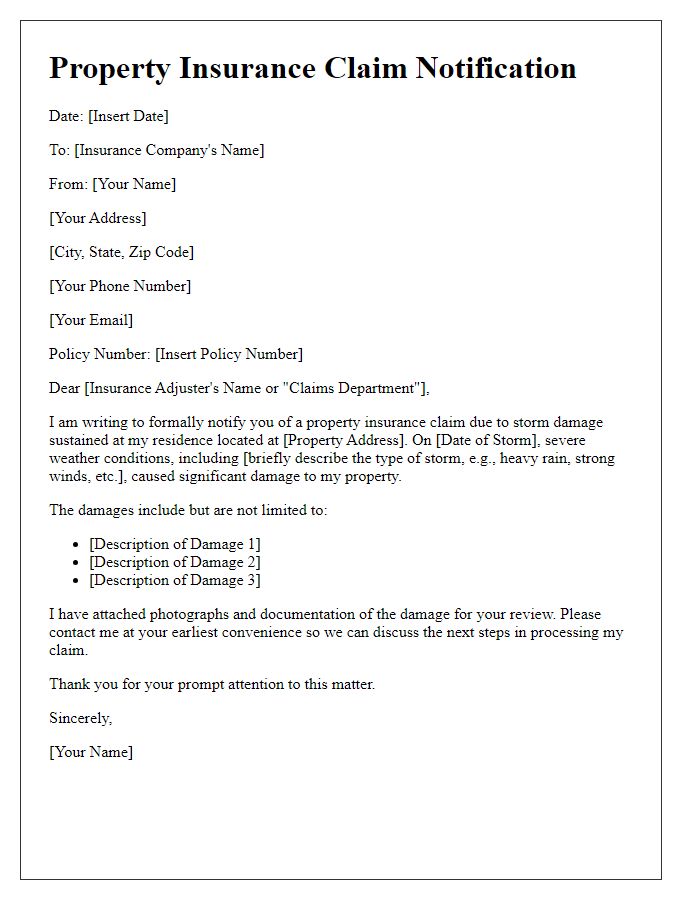 Letter template of property insurance claim notification for storm damage