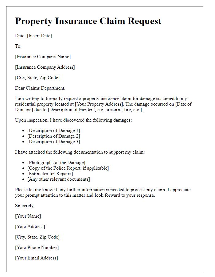 Letter template of property insurance claim request for residential damage