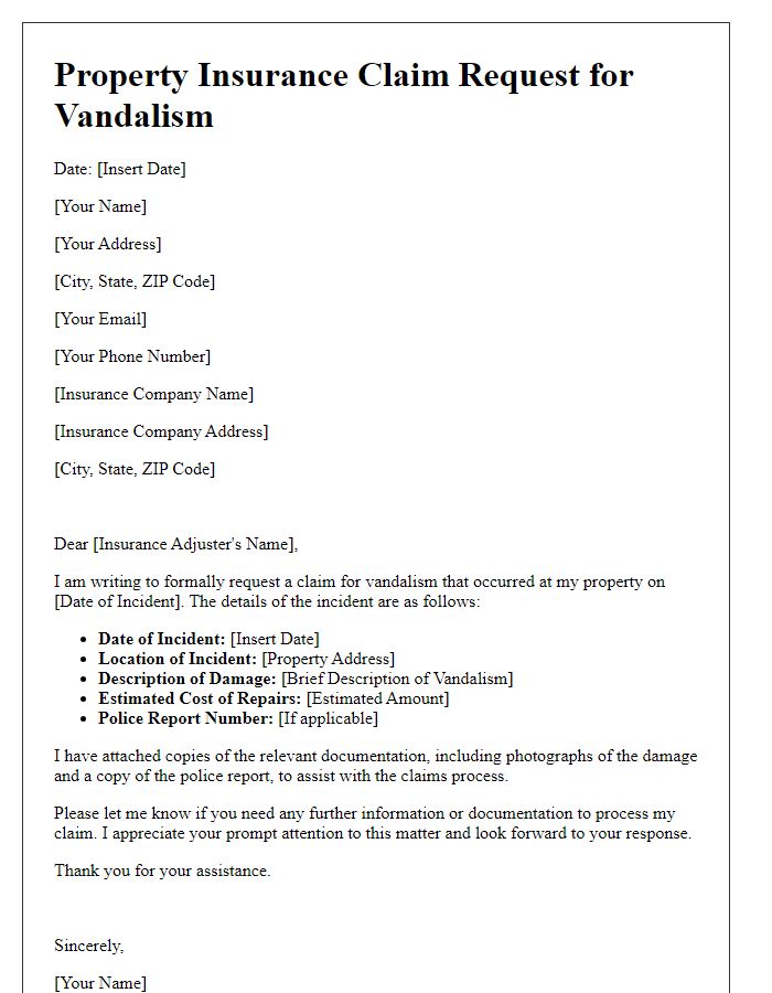 Letter template of property insurance claim request for vandalism