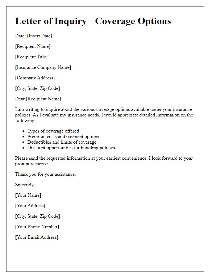 Letter template of insurance commission inquiry about coverage options.