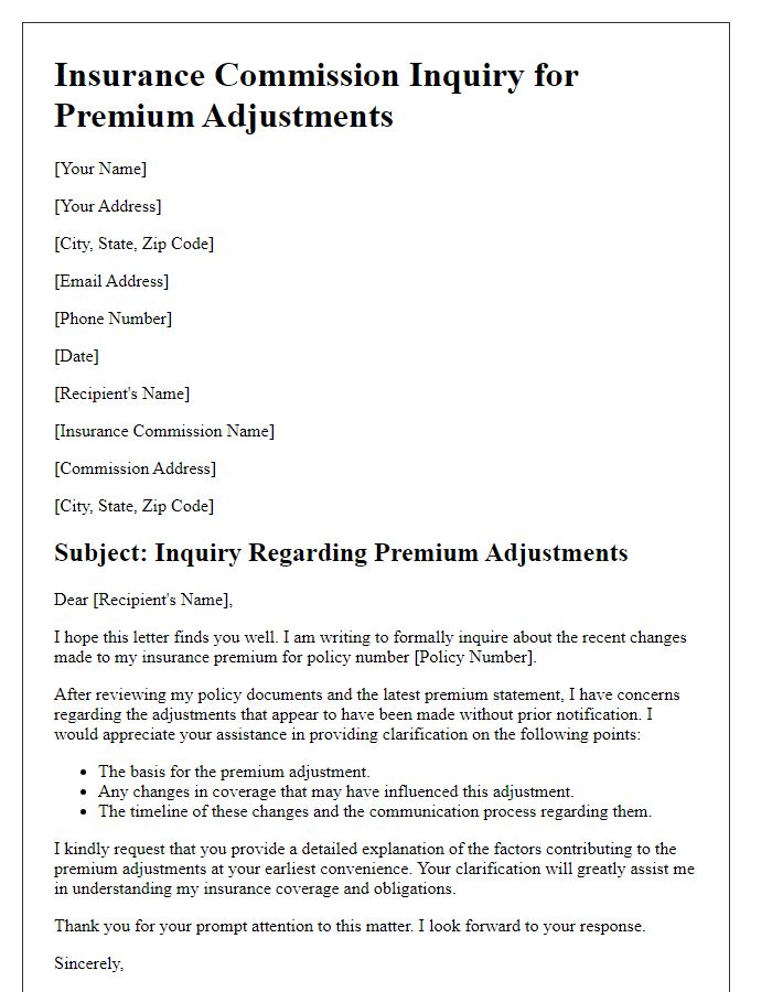 Letter template of insurance commission inquiry for premium adjustments.