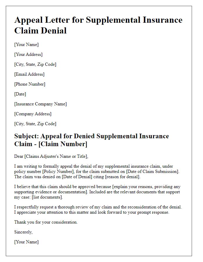 Letter template of appeal for supplemental insurance claim denial