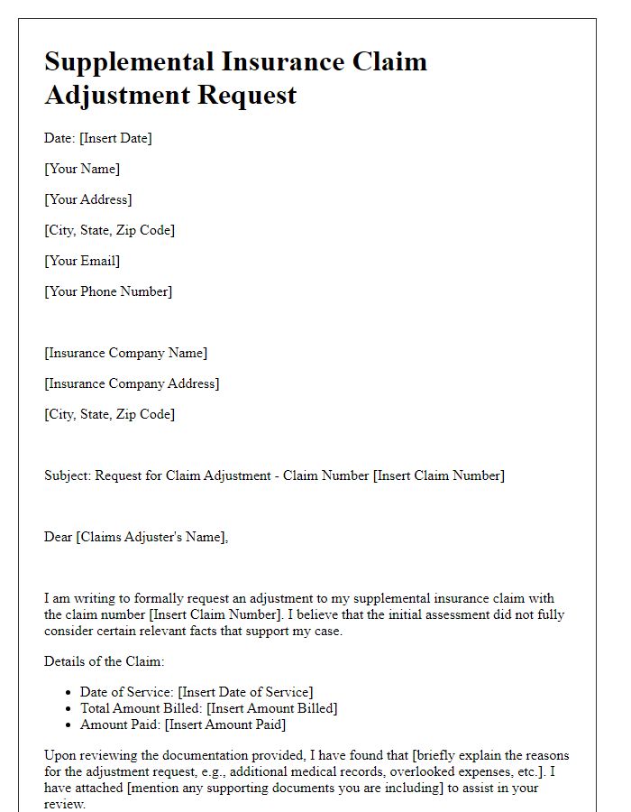 Letter template of supplemental insurance claim adjustment request