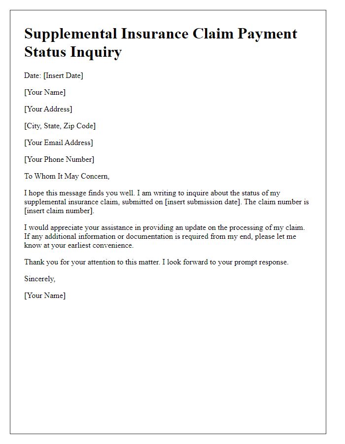 Letter template of supplemental insurance claim payment status inquiry