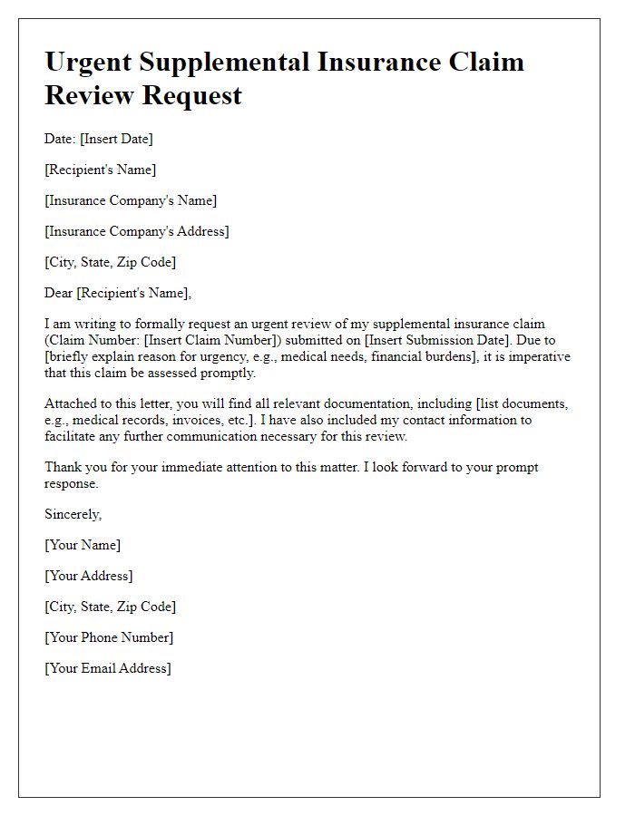 Letter template of urgent supplemental insurance claim review request