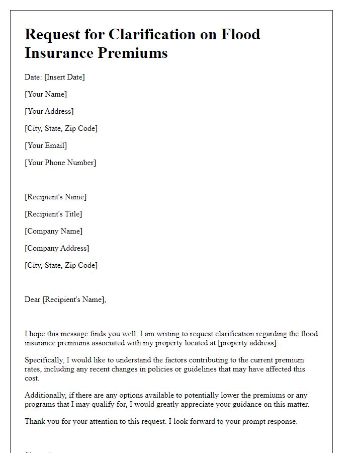 Letter template of clarification request on flood insurance premiums