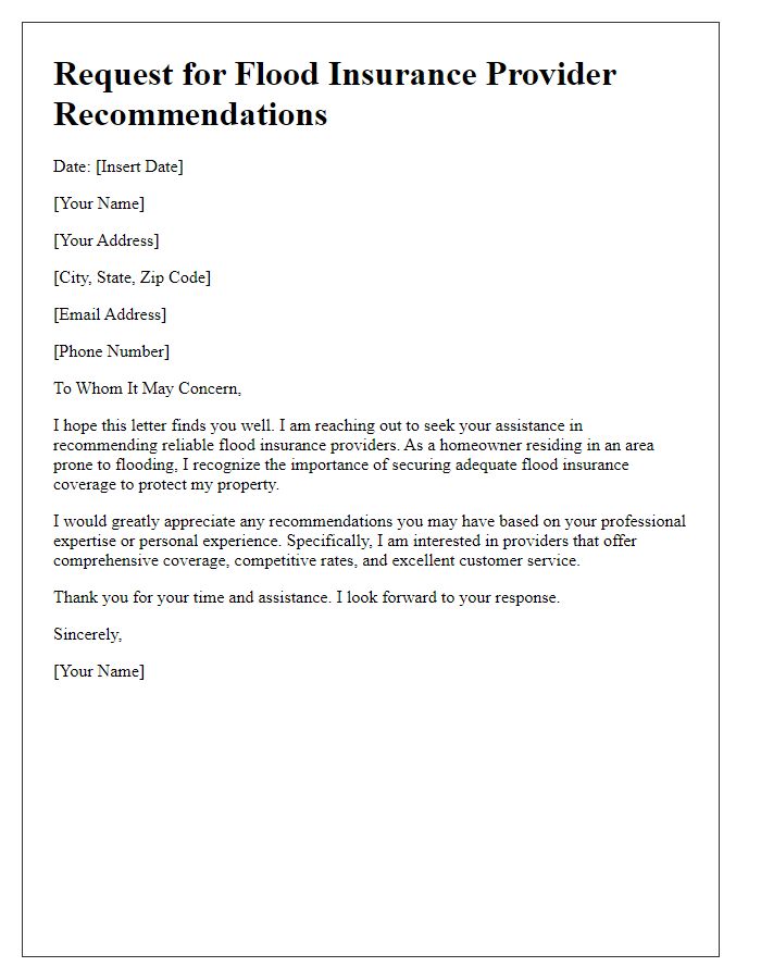 Letter template of request for flood insurance provider recommendations