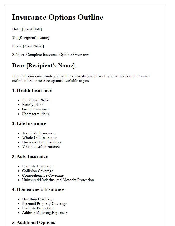 Letter template of complete insurance options outline