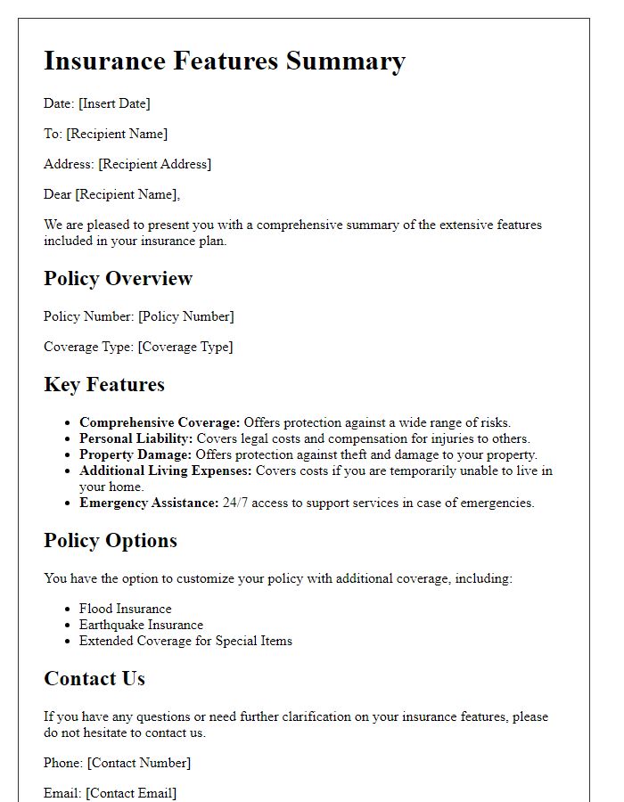 Letter template of extensive insurance features summary