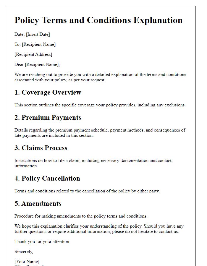 Letter template of policy terms and conditions explanation