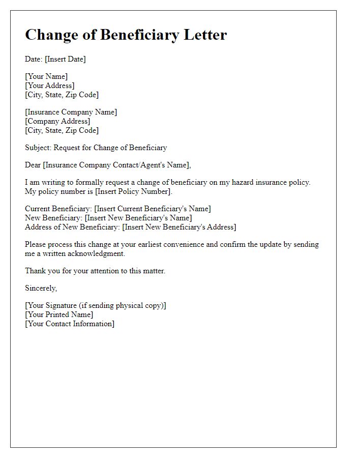 Letter template of hazard insurance change of beneficiary