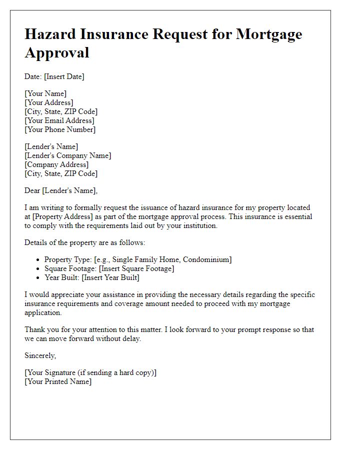 Letter template of hazard insurance request for mortgage approval