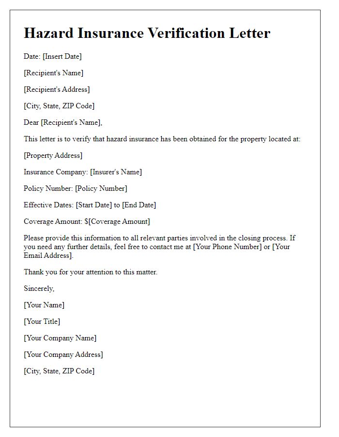 Letter template of hazard insurance verification for property closing