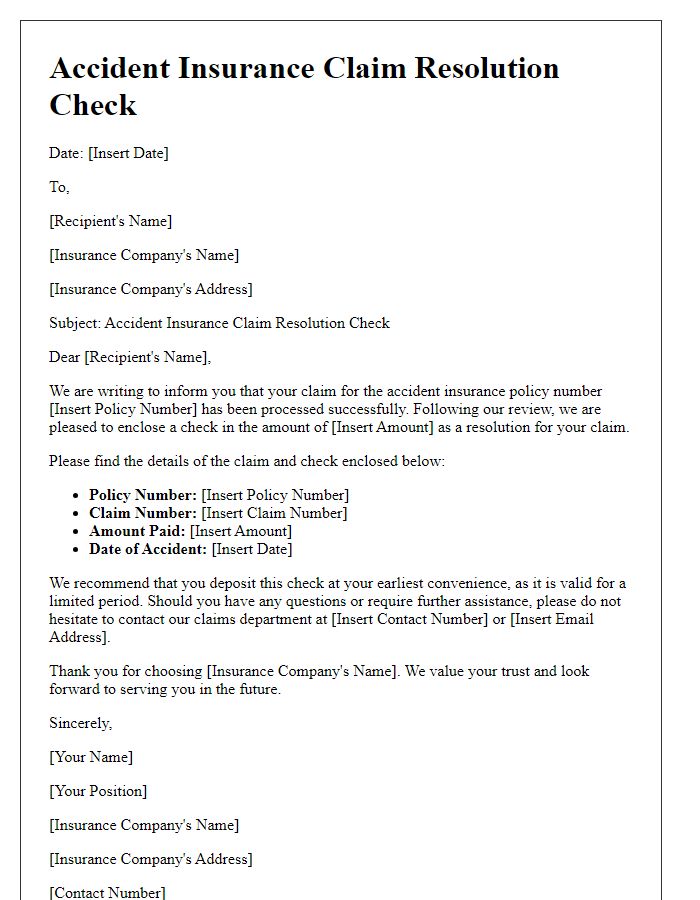 Letter template of accident insurance claim resolution check