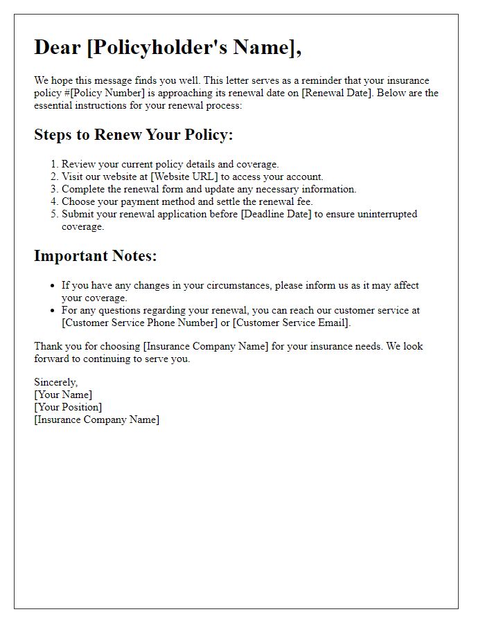 Letter template of essential renewal instructions for insurance