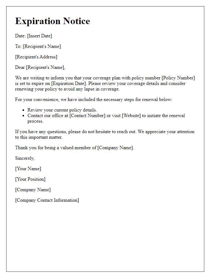 Letter template of expiration notice for coverage plan